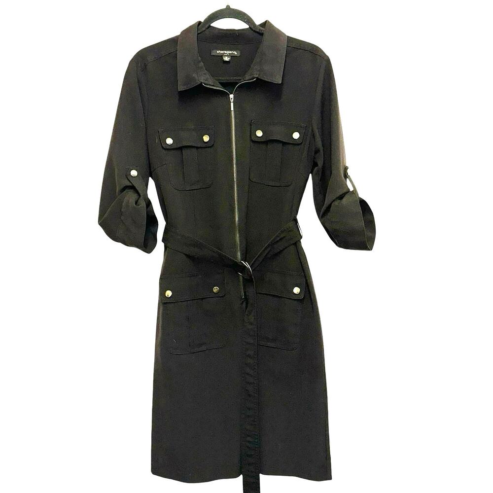 Sharagano Utility‎ Shirt Dress Size 10 Black Zip Front Belted Career Work Midi